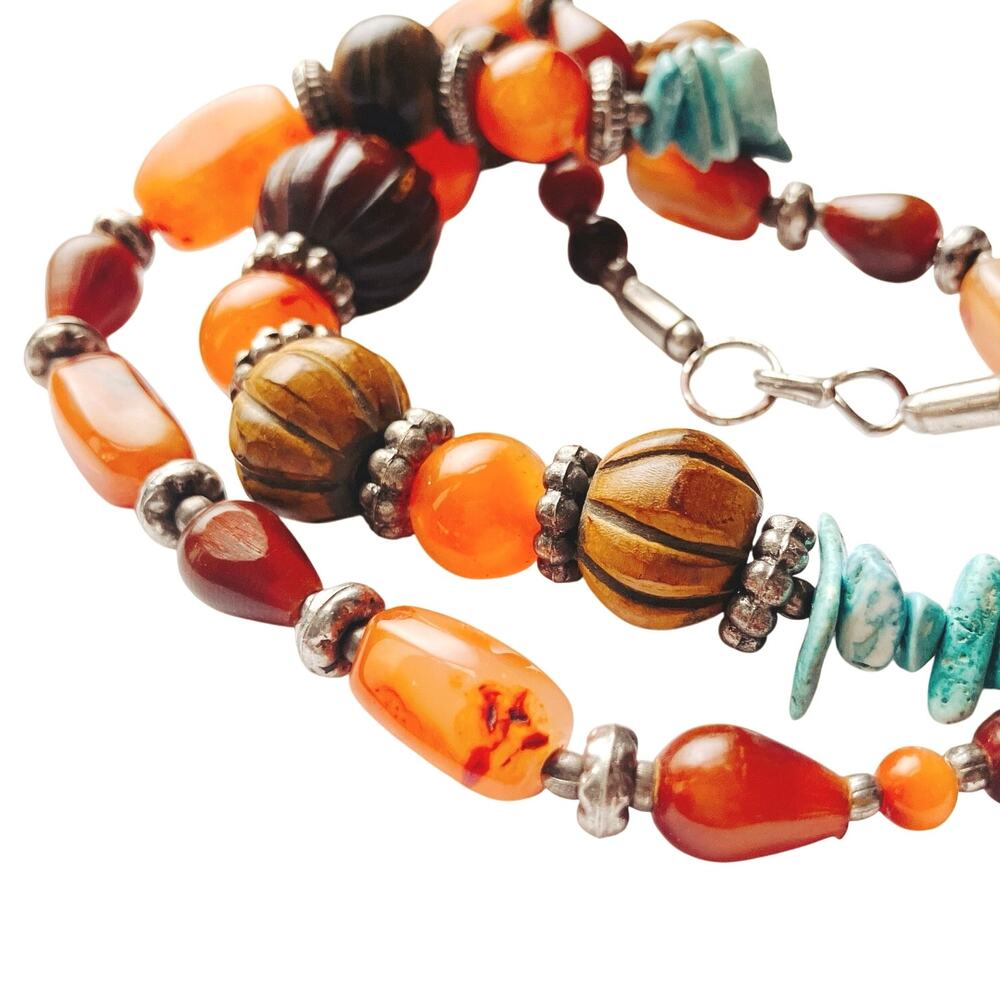 Y2K Carnelian Howlite Glass Wood Boho Artisan Chunky Beaded Necklace 27"